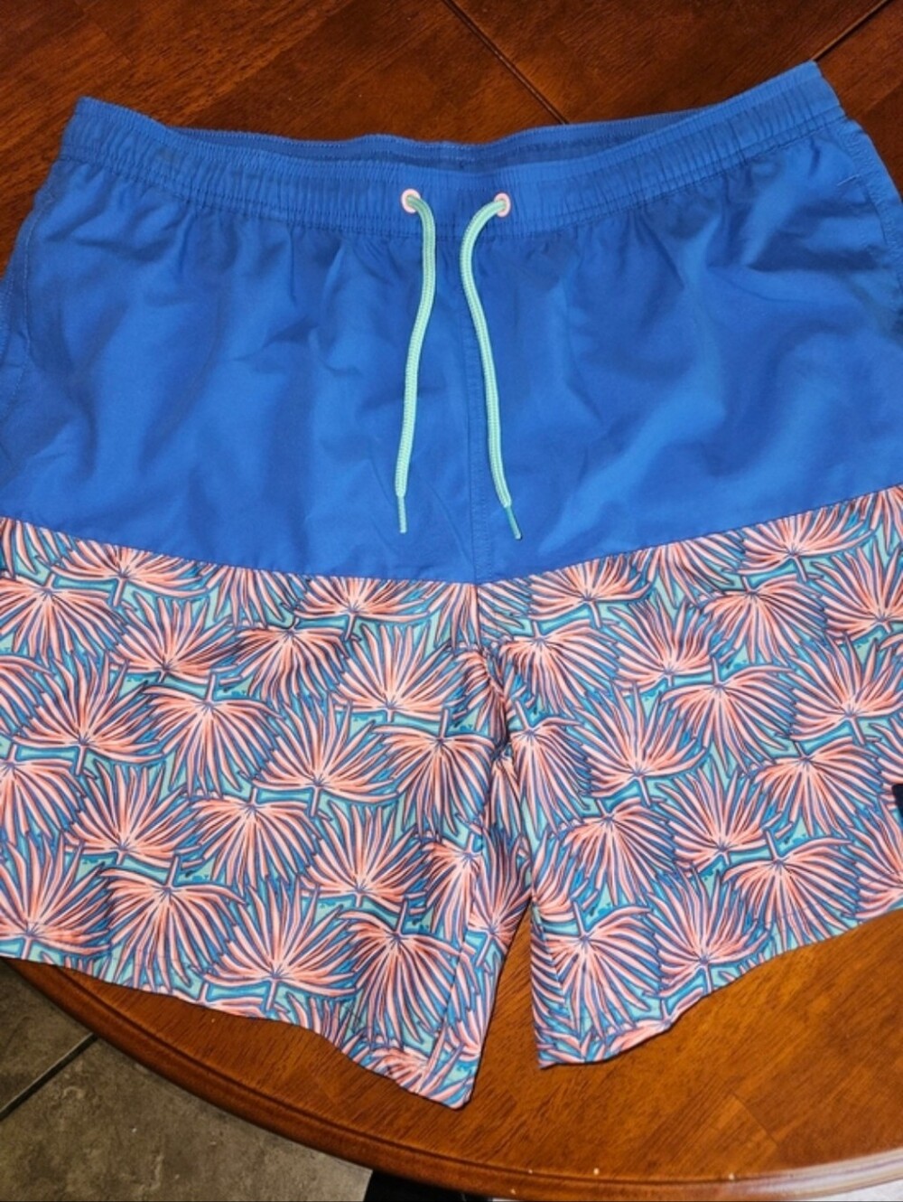 Vineyard Vines Blue Swim Shorts with Coral & Teal Palm Print